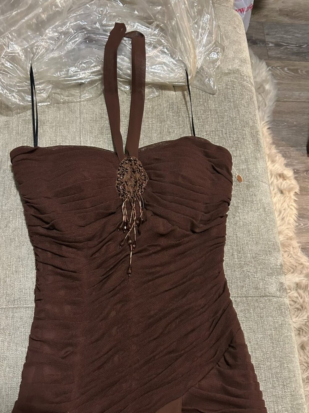 Sangria Brown Ruched asymmetrical Halter Dress